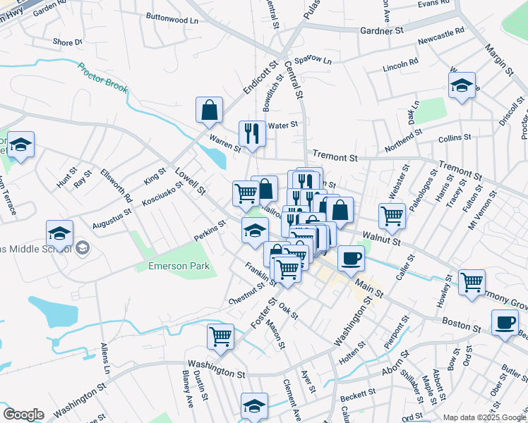 map of restaurants, bars, coffee shops, grocery stores, and more near 34 Railroad Avenue in Peabody