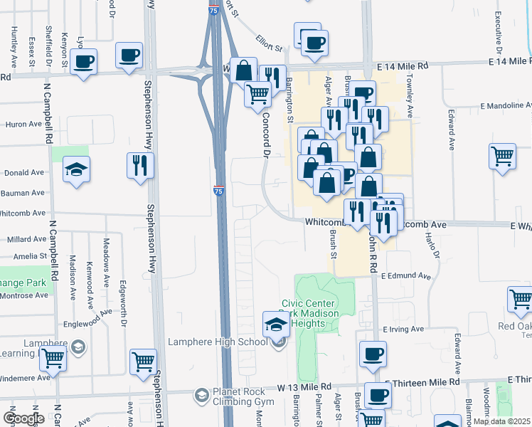 map of restaurants, bars, coffee shops, grocery stores, and more near 32112 Concord Drive in Madison Heights