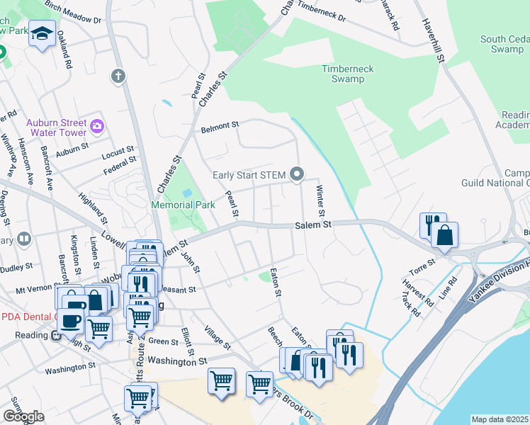 map of restaurants, bars, coffee shops, grocery stores, and more near 20 Pierce Street in Reading