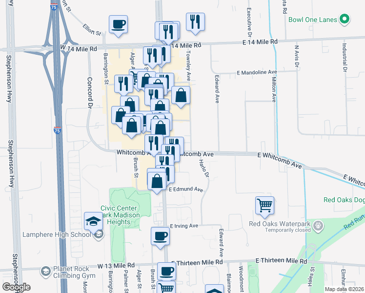 map of restaurants, bars, coffee shops, grocery stores, and more near 32031 Townley St in Madison Heights