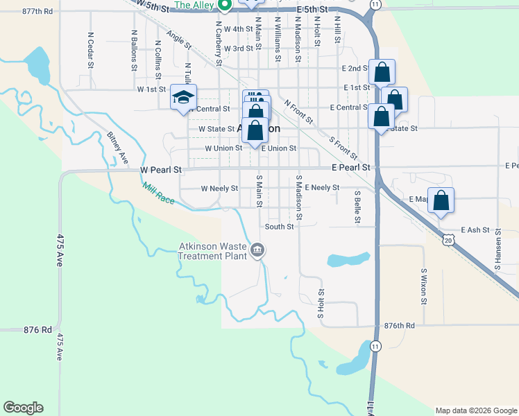 map of restaurants, bars, coffee shops, grocery stores, and more near 100 East Lincoln Street in Atkinson