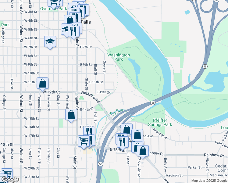 map of restaurants, bars, coffee shops, grocery stores, and more near 1101 Irving Street in Cedar Falls