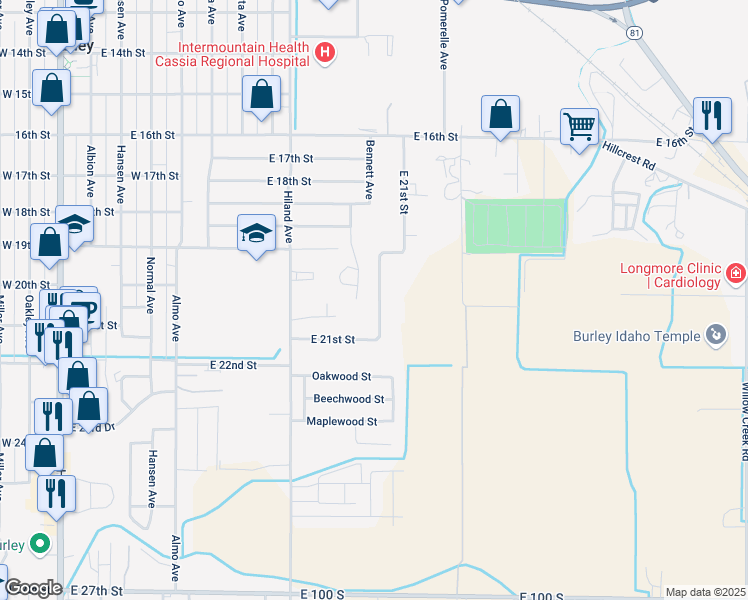 map of restaurants, bars, coffee shops, grocery stores, and more near 1951 Grandview Lane in Burley