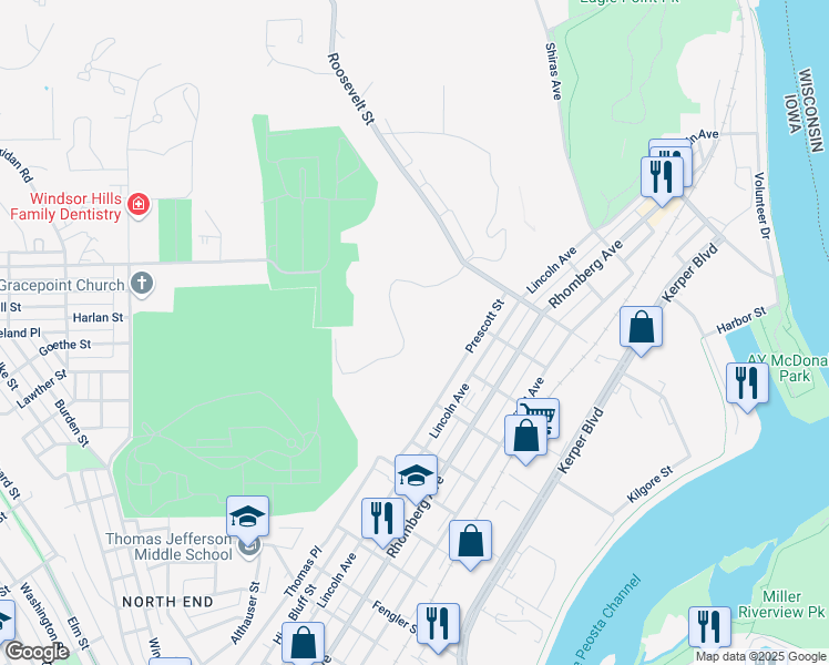 map of restaurants, bars, coffee shops, grocery stores, and more near 1700 Justin Lane in Dubuque