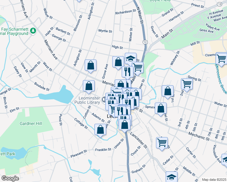 map of restaurants, bars, coffee shops, grocery stores, and more near 63 Merriam Avenue in Leominster