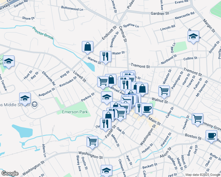 map of restaurants, bars, coffee shops, grocery stores, and more near 34 Railroad Avenue in Peabody