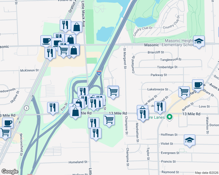 map of restaurants, bars, coffee shops, grocery stores, and more near 20897 Flora Street in Roseville