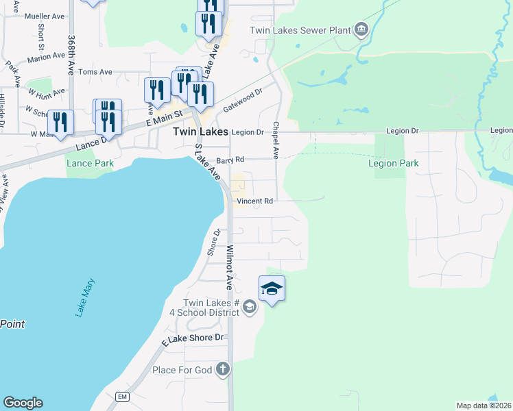 map of restaurants, bars, coffee shops, grocery stores, and more near 618 Vincent Road in Twin Lakes