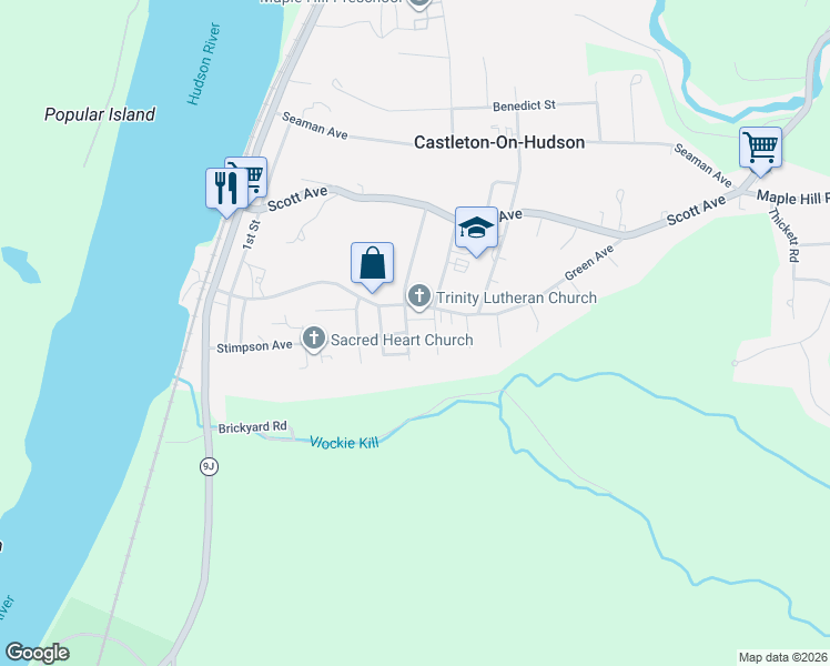 map of restaurants, bars, coffee shops, grocery stores, and more near 2 Morgan Terrace in Castleton-on-Hudson