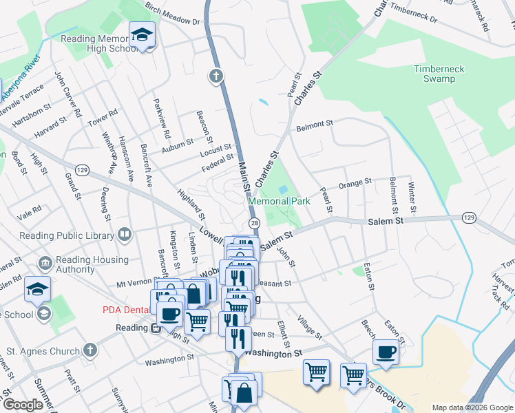 map of restaurants, bars, coffee shops, grocery stores, and more near 1 Charles Street in Reading