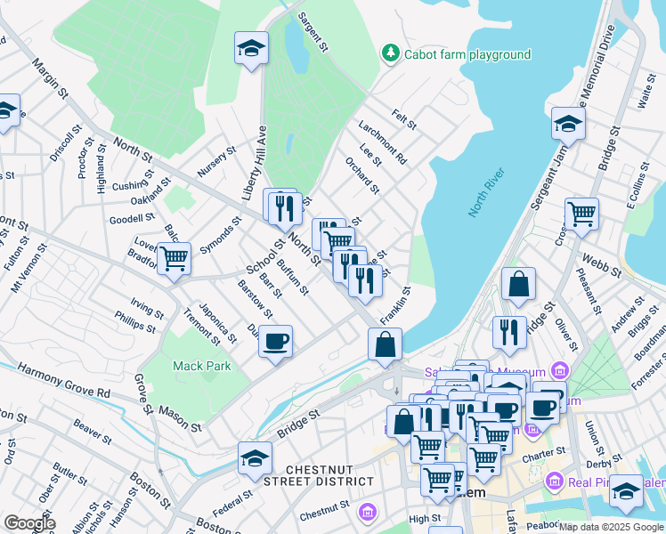 map of restaurants, bars, coffee shops, grocery stores, and more near 132 North Street in Salem