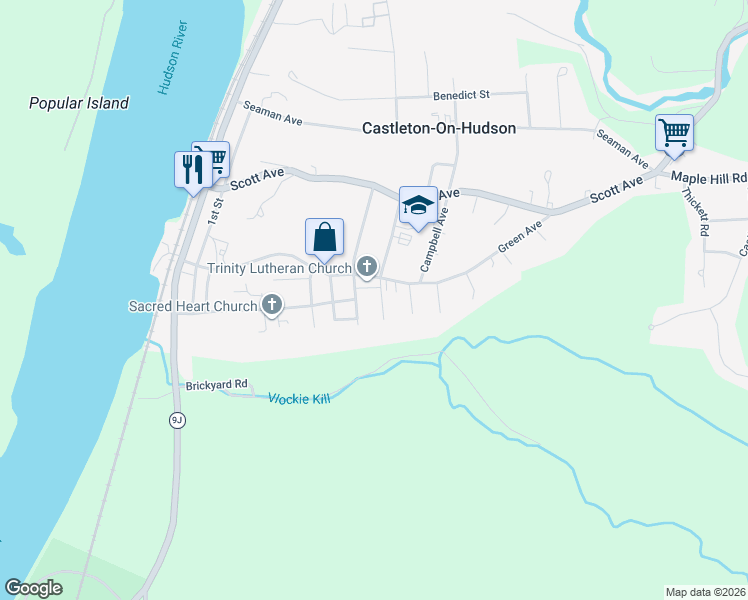 map of restaurants, bars, coffee shops, grocery stores, and more near 2 Morgan Terrace in Castleton-on-Hudson