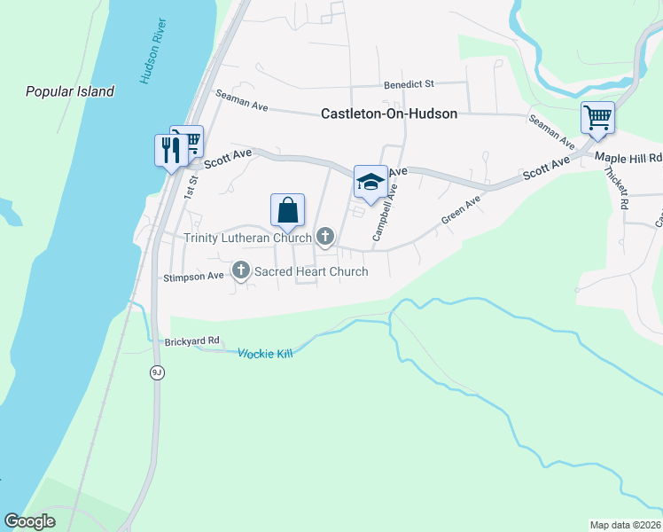 map of restaurants, bars, coffee shops, grocery stores, and more near 2 Morgan Terrace in Castleton-on-Hudson