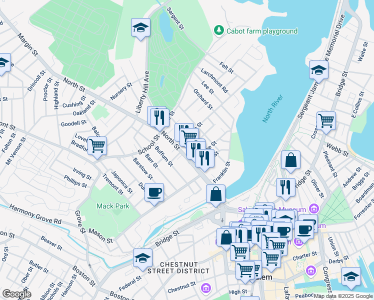 map of restaurants, bars, coffee shops, grocery stores, and more near 132 North Street in Salem
