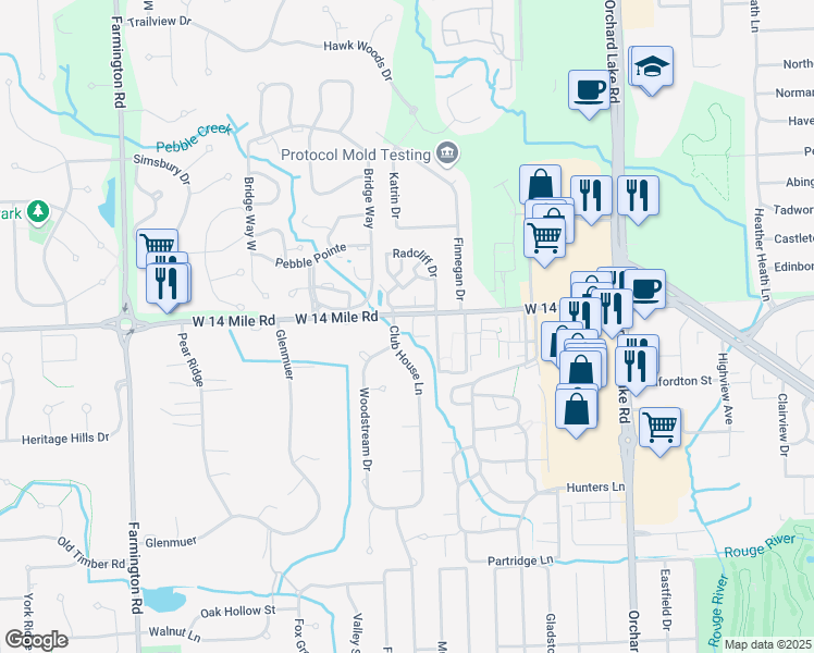 map of restaurants, bars, coffee shops, grocery stores, and more near 31080 Club House Lane in Farmington Hills
