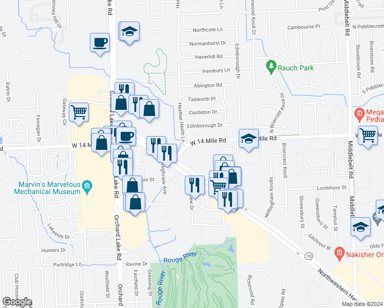 map of restaurants, bars, coffee shops, grocery stores, and more near 32600 Northwestern Highway in Farmington Hills