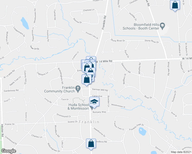 map of restaurants, bars, coffee shops, grocery stores, and more near 32708 Ravine Drive in Franklin