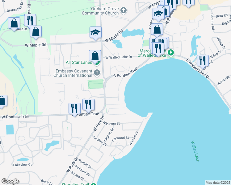 map of restaurants, bars, coffee shops, grocery stores, and more near 228 Osprey St in Walled Lake