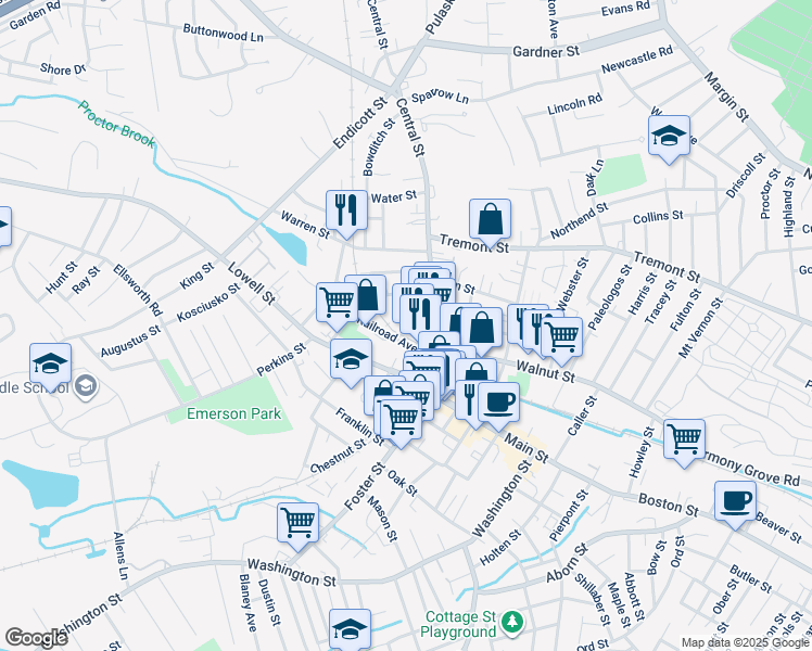 map of restaurants, bars, coffee shops, grocery stores, and more near 22 Central Street in Peabody