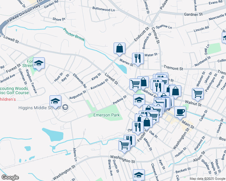 map of restaurants, bars, coffee shops, grocery stores, and more near 108 Lowell Street in Peabody
