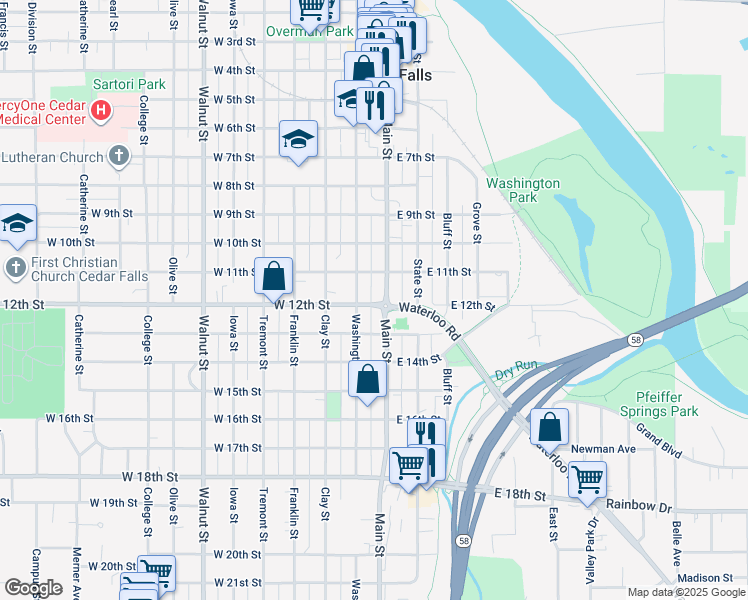 map of restaurants, bars, coffee shops, grocery stores, and more near 1120 Washington Street in Cedar Falls