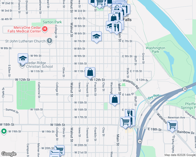 map of restaurants, bars, coffee shops, grocery stores, and more near 1116 Franklin Street in Cedar Falls