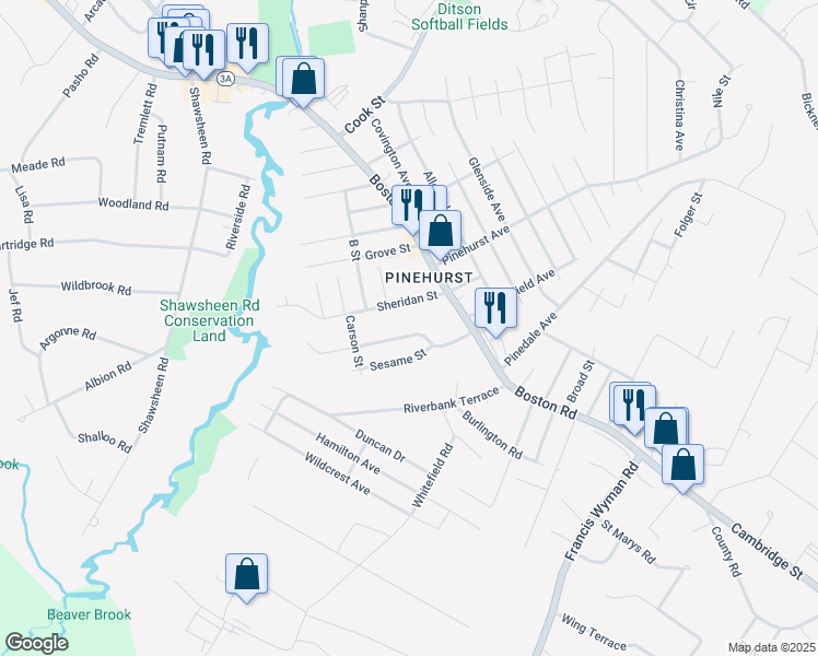 map of restaurants, bars, coffee shops, grocery stores, and more near 13 Community Road in Billerica
