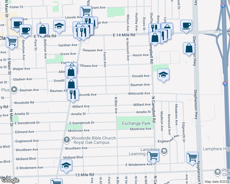 map of restaurants, bars, coffee shops, grocery stores, and more near 1125 Whitcomb Avenue in Royal Oak