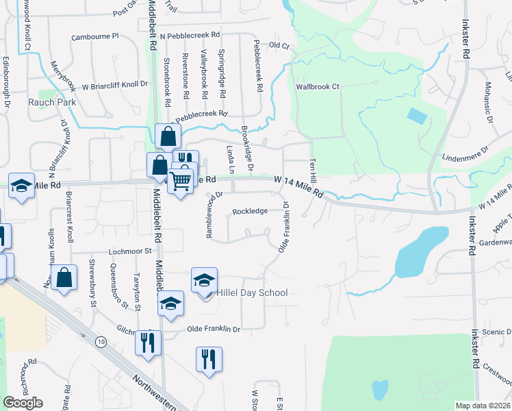 map of restaurants, bars, coffee shops, grocery stores, and more near 32659 Olde Franklin Drive in Farmington Hills