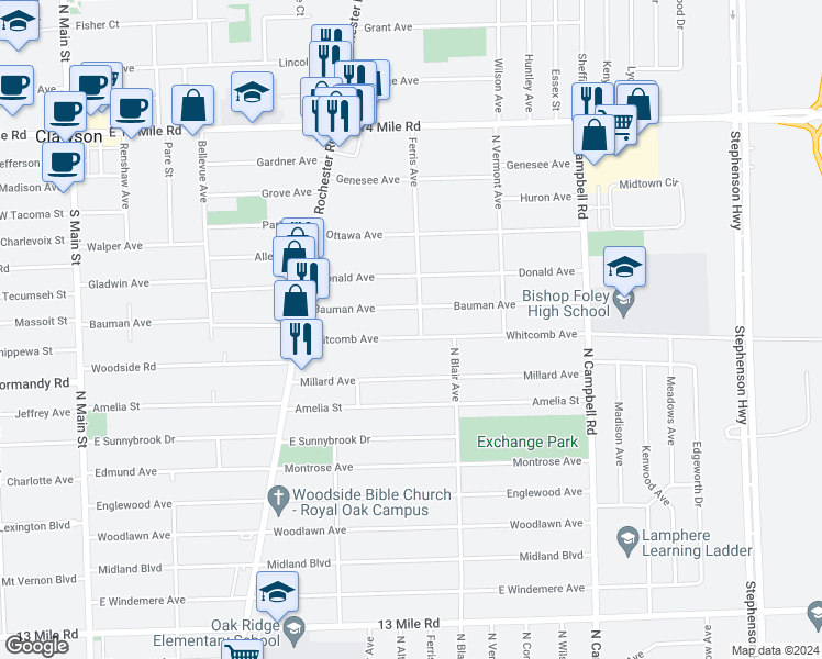 map of restaurants, bars, coffee shops, grocery stores, and more near 1021 Whitcomb Avenue in Royal Oak