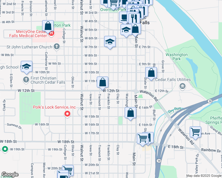 map of restaurants, bars, coffee shops, grocery stores, and more near 1116 Franklin Street in Cedar Falls
