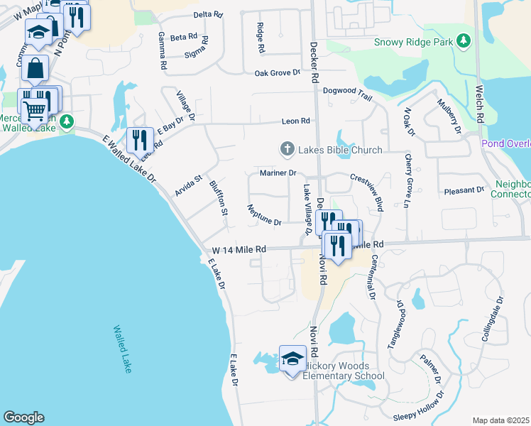 map of restaurants, bars, coffee shops, grocery stores, and more near 250 Neptune Drive in Walled Lake