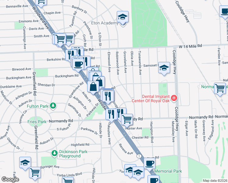 map of restaurants, bars, coffee shops, grocery stores, and more near 4359 Elmwood Avenue in Royal Oak