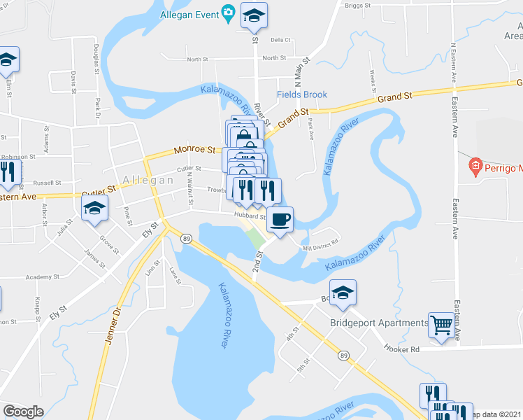 map of restaurants, bars, coffee shops, grocery stores, and more near 116 Hubbard Street in Allegan