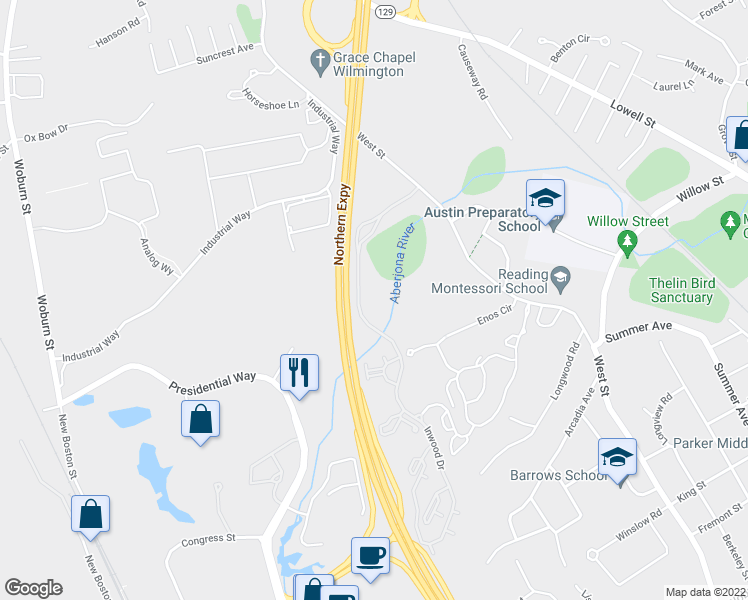 map of restaurants, bars, coffee shops, grocery stores, and more near 2 Inwood Drive in Woburn