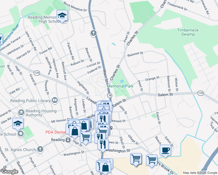 map of restaurants, bars, coffee shops, grocery stores, and more near 1 Charles Street in Reading