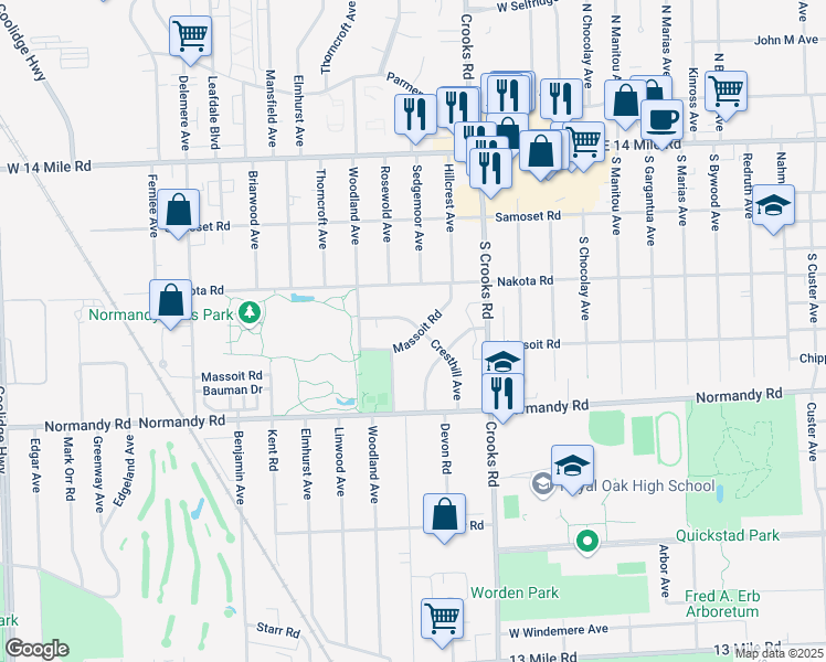 map of restaurants, bars, coffee shops, grocery stores, and more near 1904 Cresthill Avenue in Royal Oak