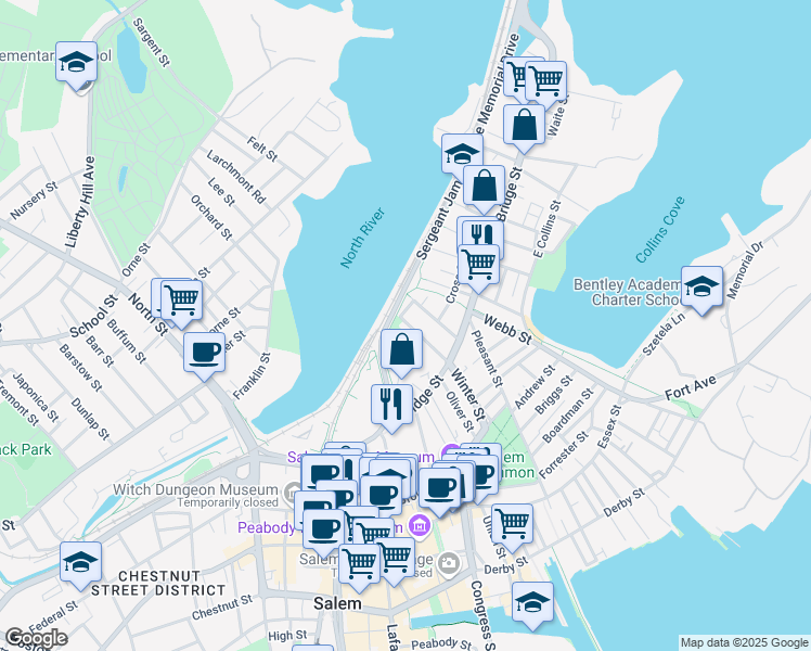 map of restaurants, bars, coffee shops, grocery stores, and more near 39 Northey Street in Salem