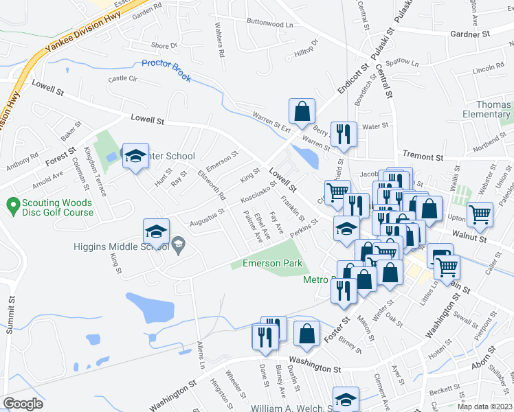 map of restaurants, bars, coffee shops, grocery stores, and more near 25 Ethel Avenue in Peabody