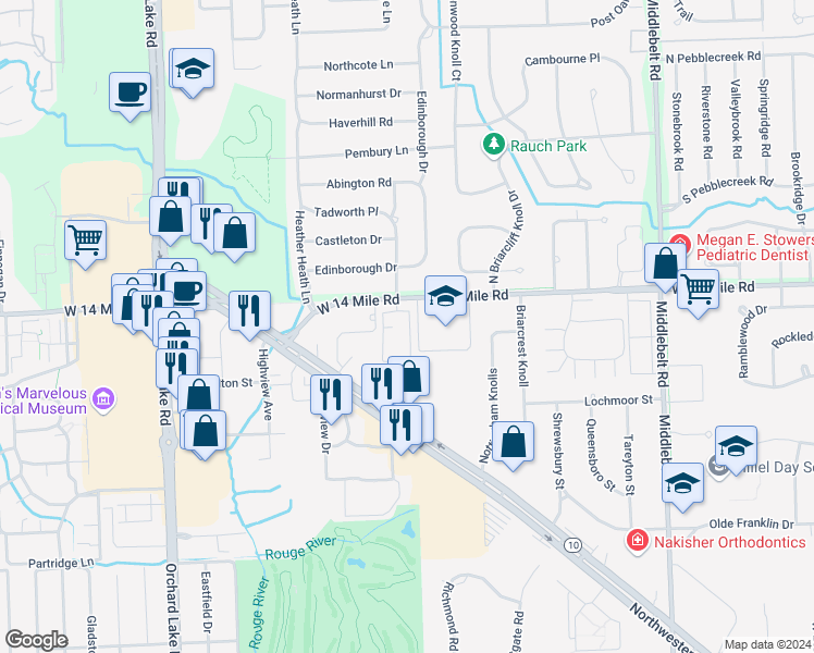 map of restaurants, bars, coffee shops, grocery stores, and more near 30515 Country Glen Condos in Farmington Hills