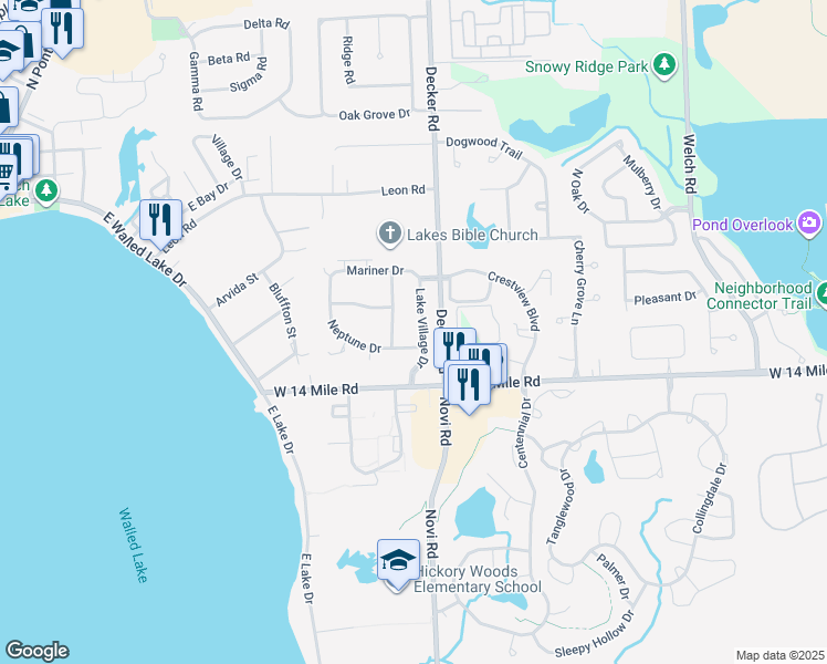 map of restaurants, bars, coffee shops, grocery stores, and more near 236 Aqueduct Drive in Walled Lake