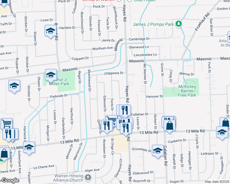 map of restaurants, bars, coffee shops, grocery stores, and more near 31556 Tecla Drive in Warren