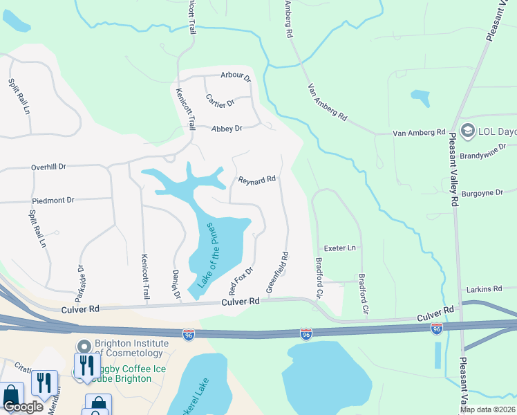 map of restaurants, bars, coffee shops, grocery stores, and more near 5264 Red Fox Drive in Brighton