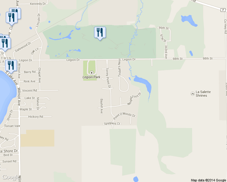 map of restaurants, bars, coffee shops, grocery stores, and more near 604 Torrey Pines Drive in Twin Lakes