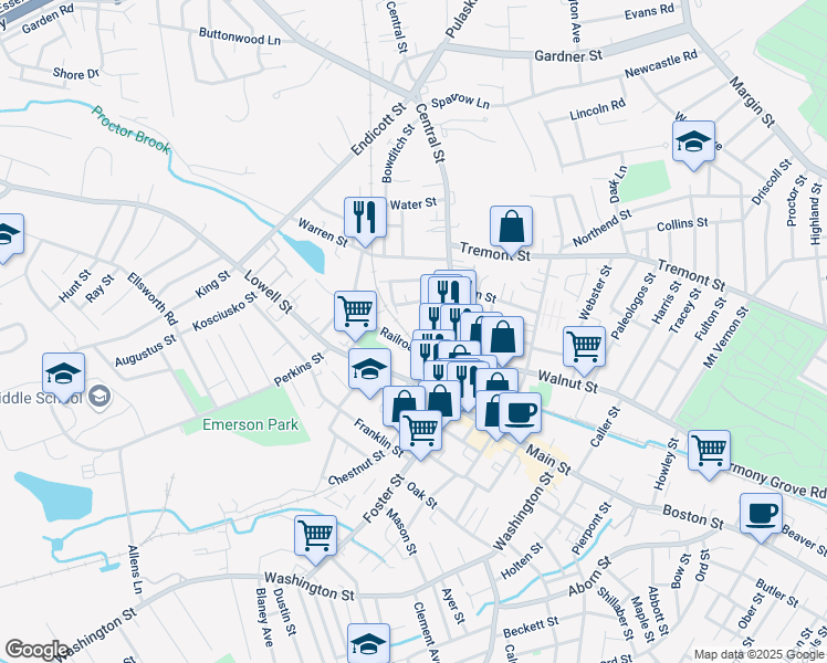 map of restaurants, bars, coffee shops, grocery stores, and more near in Peabody