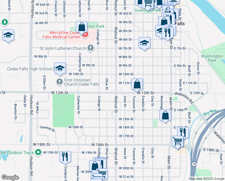 map of restaurants, bars, coffee shops, grocery stores, and more near 709 West 12th Street in Cedar Falls