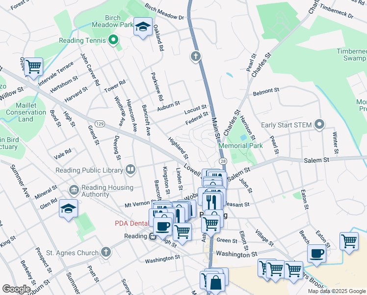 map of restaurants, bars, coffee shops, grocery stores, and more near 25 Highland Street in Reading