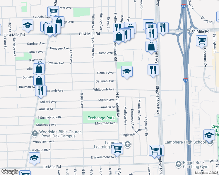 map of restaurants, bars, coffee shops, grocery stores, and more near 1529 Whitcomb Avenue in Royal Oak