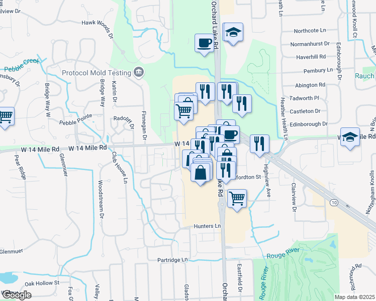 map of restaurants, bars, coffee shops, grocery stores, and more near 31555 Kingswood Lane in Farmington Hills