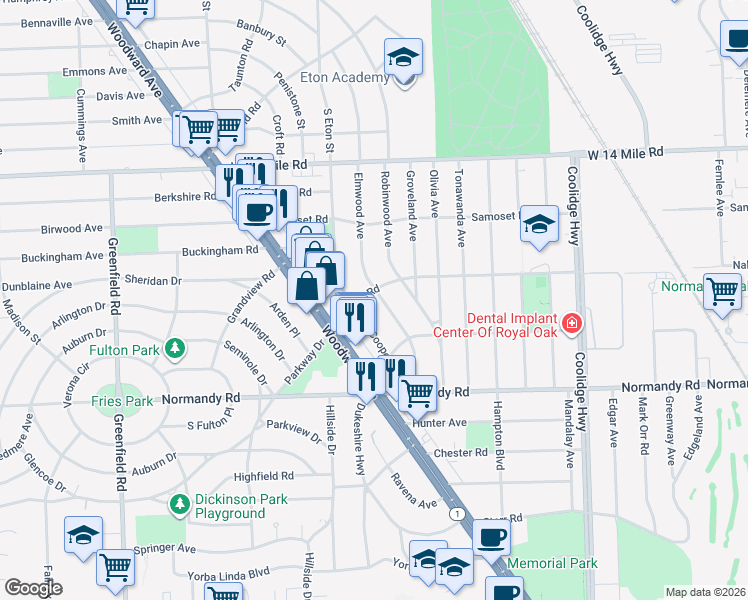 map of restaurants, bars, coffee shops, grocery stores, and more near 4359 Elmwood Avenue in Royal Oak